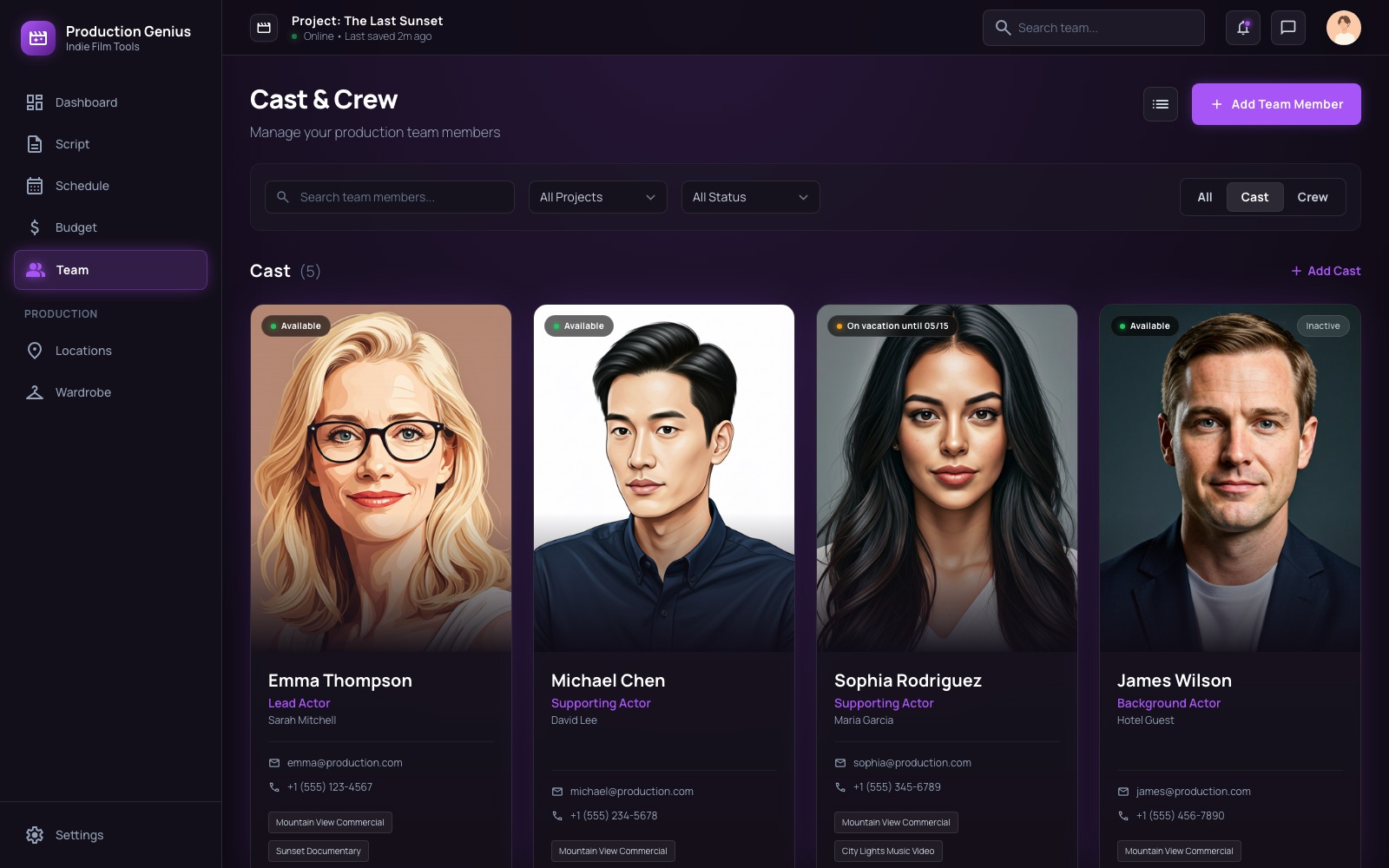 Cast & Crew screen — Crew up